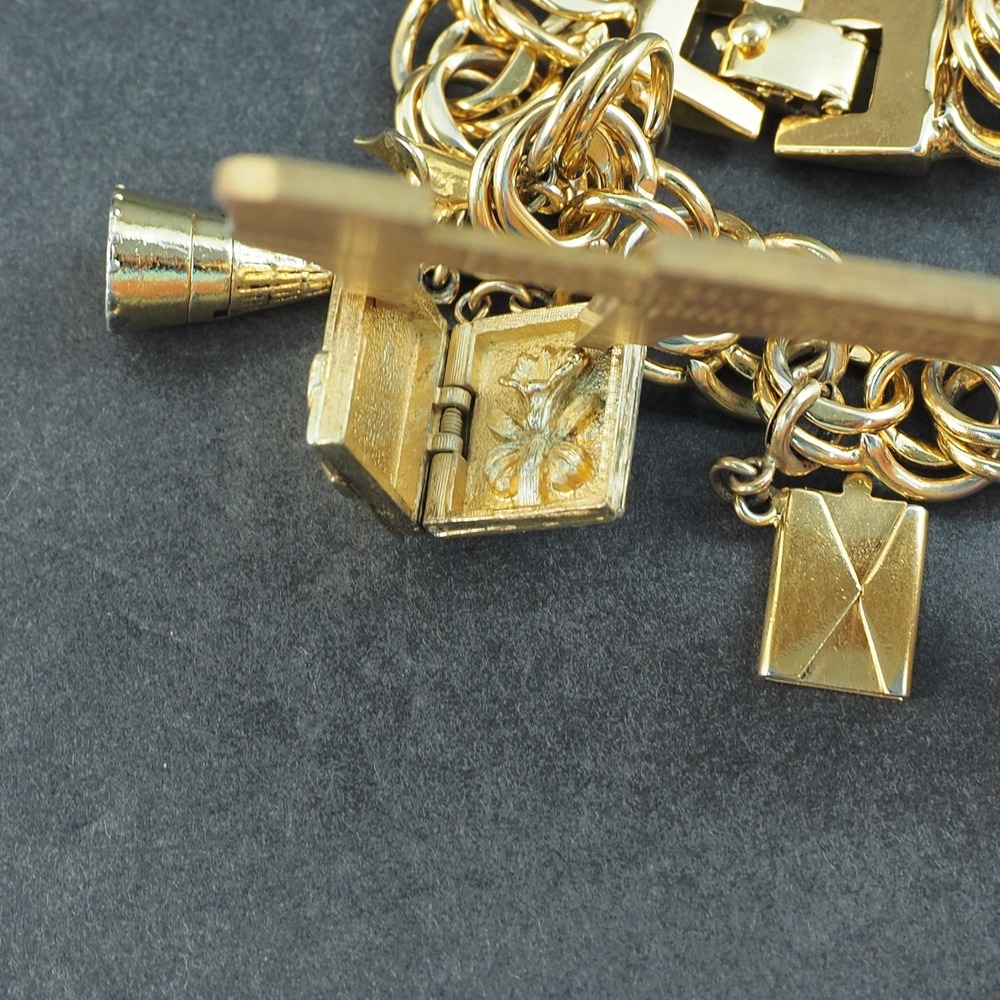 Monet Charm Bracelet Gold Tone Double Link Safety Chain Airplane Birthday VTG - Picture 6 of 7